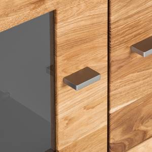 Meuble TV Solano Partiellement en bois massif - Chêne noueux / Gris platine - Porte en verre à droite - Sans éclairage