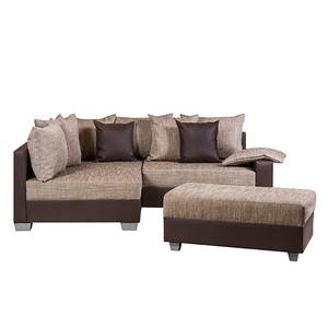 Ecksofa Venus Kunstleder Dunkel- Braun/Webstoff Braun Ottomane davorstehend links Mit Hocker