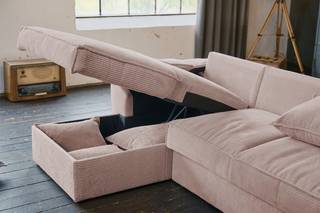 Ecksofa ASOKA Bettsofa mit Stauraum Cord KAWOLA Sofa ASOKA Ecksofa Bettsofa Schlafsofa mit Stauraum Cord rosa Recamiere links - Pink - Ecke davorstehend links