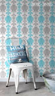papier peint baroque argent et turquoise - Bleu