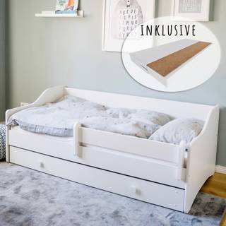 Kinderbett Erik Jugendbett 80x180 mit Matratze Rausfallschutz & Schublade, Couch Bett umbaubar weiß