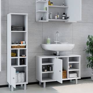 Salle de bains Fynn blanc (3 éléments) Blanc - En partie en bois massif - 80 x 130 x 32 cm