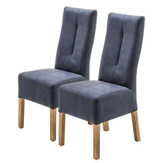 Chaises capitonnées Paki (lot de 2) Imitation cuir / Chêne massif - Chêne / Bleu nuit