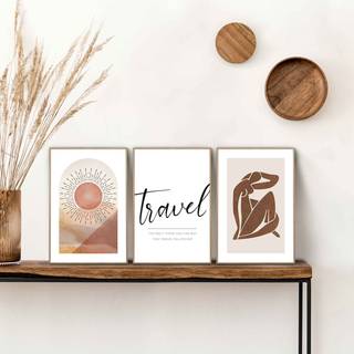 Wandbilder Set Reisen (3-tlg.) Print in Holzrahmen - Beige