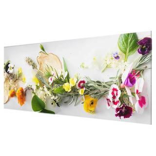 Glasbild Frische Kräuter mit Essblüten Mehrfarbig - 125 x 50 x 0,4 cm - 125 x 50 cm