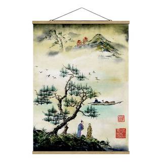 Wandkleed Japans Bergdorp textiel & massief hout (houtsoort) - groen - 100cm x 133,5cm x 0,3cm - 100 x 134 cm