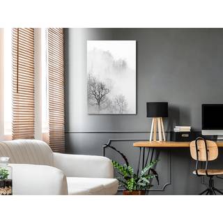 Afbeelding Trees In The Fog verwerkt hout & linnen - zwart-wit