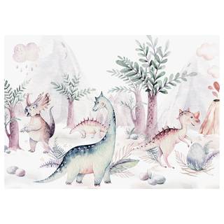 Wandbild Dinosaurs World Polyester PVC / Fichtenholz - Blau  / Weiß