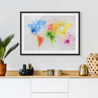Bild Bunte Farbspritzer Weltkarte II Papier / Kiefer - Mehrfarbig - 70 x 50 cm