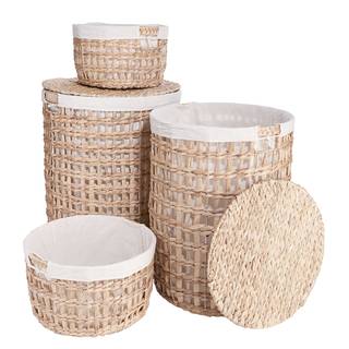Wäschekorb mit Wäschesack HONEY COMB Baumwolle / Eisen / Wasserhyazinthe - Natur / Creme - Durchmesser: 38 cm
