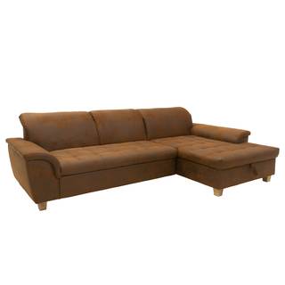 Canapé d’angle Charlo Aspect cuir vieilli - Microfibre Medea: Marron foncé - Méridienne courte à droite (vue de face) - Avec fonction couchage