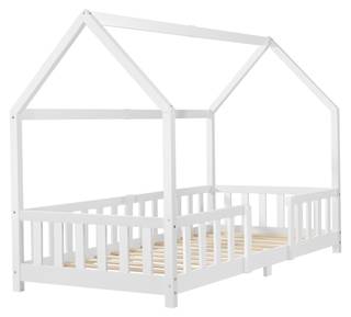 Kinderbett Sisimiut Kinderbett ’Sisimiut’ in Haus-Optik mit Rausfallschutz Kiefernholz 90 x 200 cm Weiß - Weiß - 96 x 140 x 207 cm