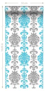 papier peint baroque argent et turquoise - Bleu