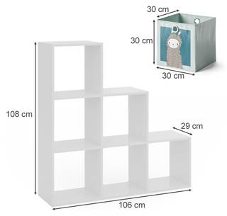 Treppenregal Weiß 6 Fächer mit 6 Faltbox Weiß - Holz teilmassiv - 105 x 107 x 29 cm