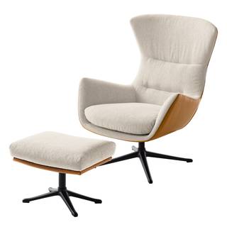 Fauteuil HEPBURN met kruisvoet geweven stof/echt leer - Stof Saia / Leer Neka: Beige / Cognackleurig - Zwart