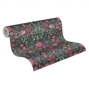 Tapete Floral Schwarz Pink Blau Grün