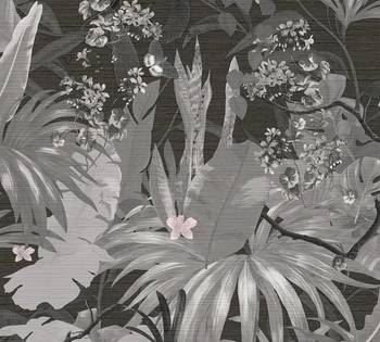 Papier peint Jungle Plantes Gris Noir