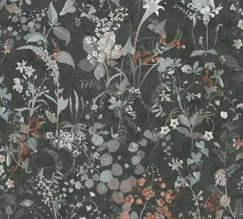 Landhaus-Tapete Floral Schwarz Orange