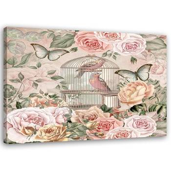 Wandbild Vögel im Käfig Rose Blumen