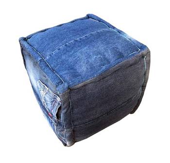 Pouf carré tissu jeans bleu effet usé