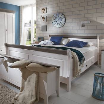 Maison Belfort Massivholz-Doppelbett Cenan 200x200 cm Massivholz Weiß/Grau mit Bettkasten