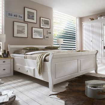 Maison Belfort Massivholz-Doppelbett Cenan 140x200 cm Kiefer Massivholz Weiß gebeizt mit Bettkasten