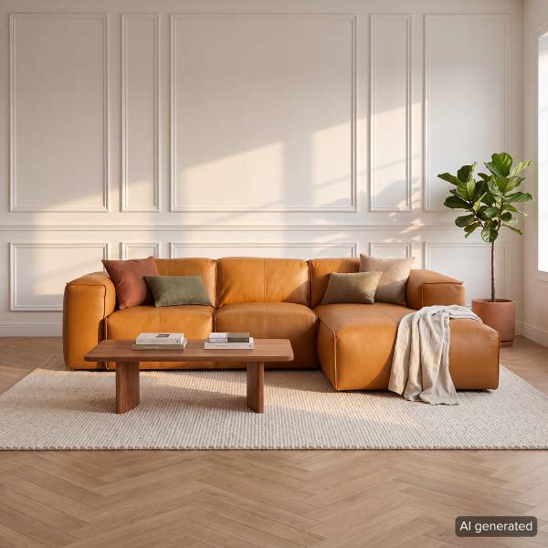Ecksofa HUDSON 3-Sitzer mit Longchair Echtleder Neka: Cognac - Breite: 251 cm - Longchair davorstehend rechts