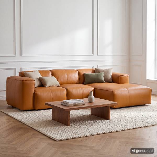 Ecksofa HUDSON 3-Sitzer mit Longchair Echtleder Neka: Cognac - Breite: 251 cm - Longchair davorstehend rechts