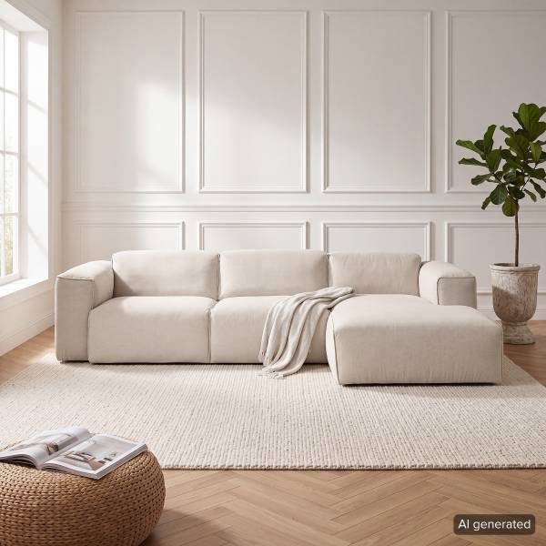 Ecksofa HUDSON 3-Sitzer mit Longchair Webstoff Saia: Beige - Breite: 284 cm - Longchair davorstehend rechts