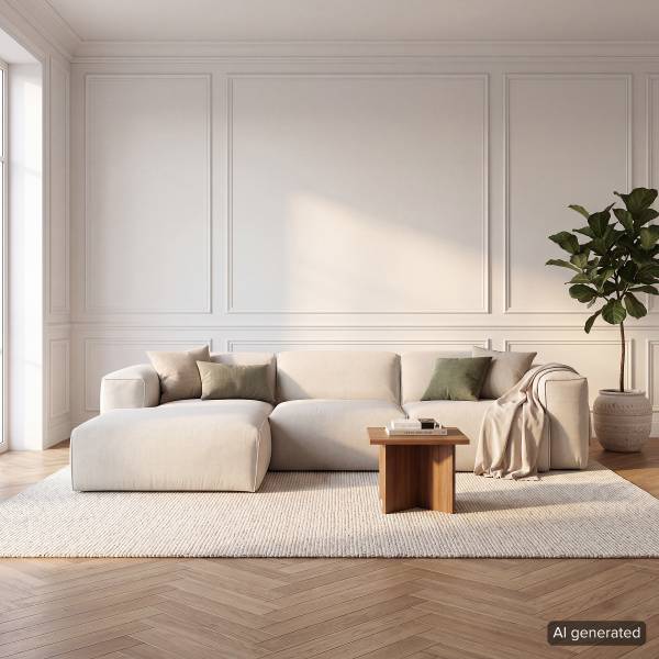 Ecksofa HUDSON 3-Sitzer mit Longchair Webstoff Saia: Beige - Breite: 284 cm - Longchair davorstehend links