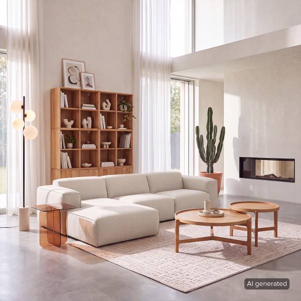 Ecksofa HUDSON 3-Sitzer mit Longchair Webstoff Saia: Beige - Breite: 284 cm - Longchair davorstehend links