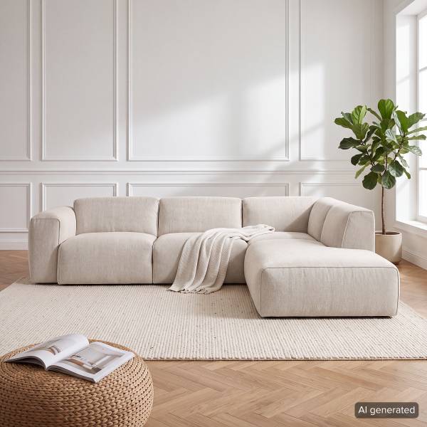Ecksofa HUDSON 3-Sitzer mit Recamiere Webstoff Saia: Beige - Ottomane davorstehend rechts