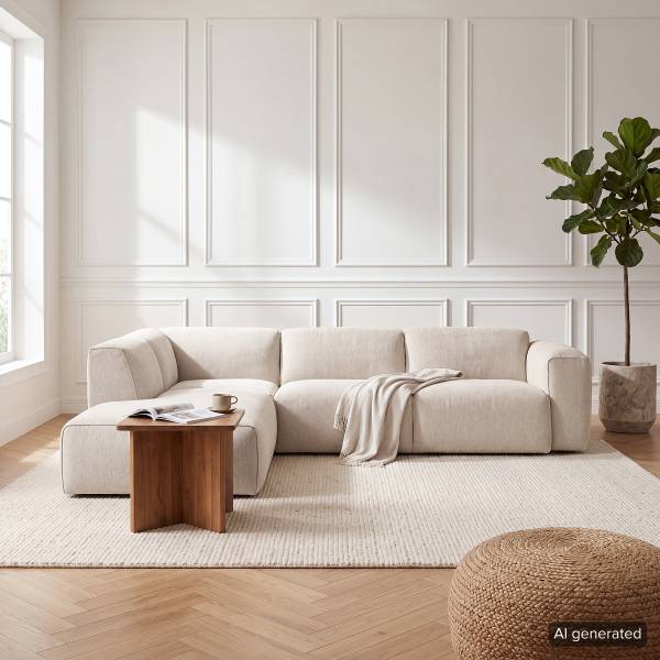 Ecksofa HUDSON 3-Sitzer mit Recamiere Webstoff Saia: Beige - Ottomane davorstehend links
