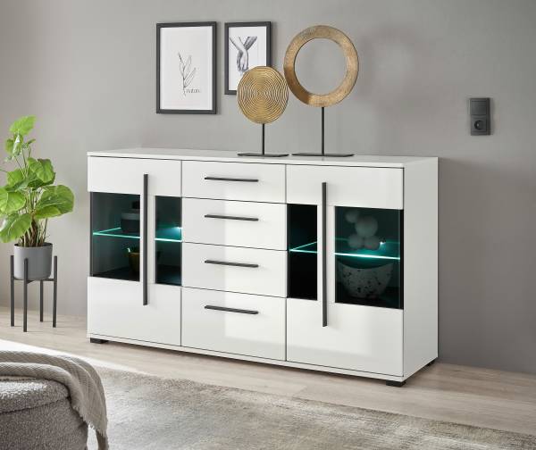Sideboard Farson mit Glastür Hochglanz Weiß - Breite: 150 cm