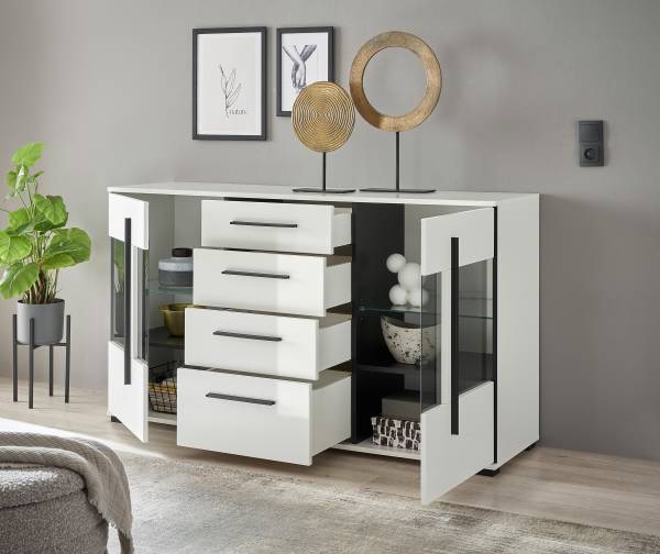 Sideboard Farson mit Glastür Hochglanz Weiß - Breite: 150 cm