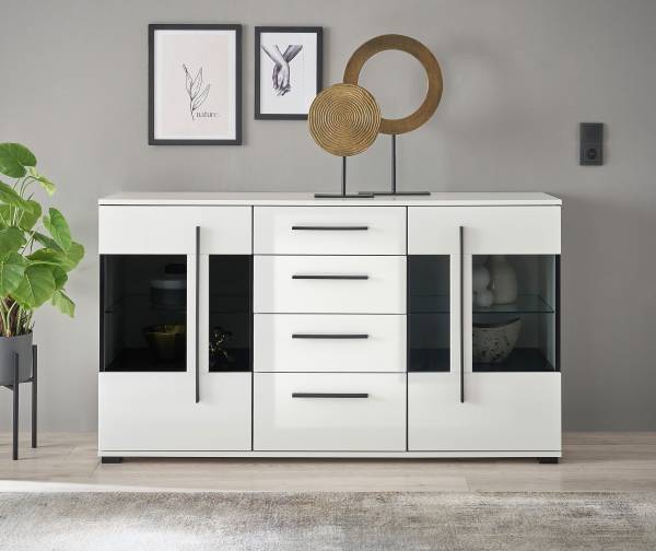 Sideboard Farson mit Glastür Hochglanz Weiß - Breite: 150 cm