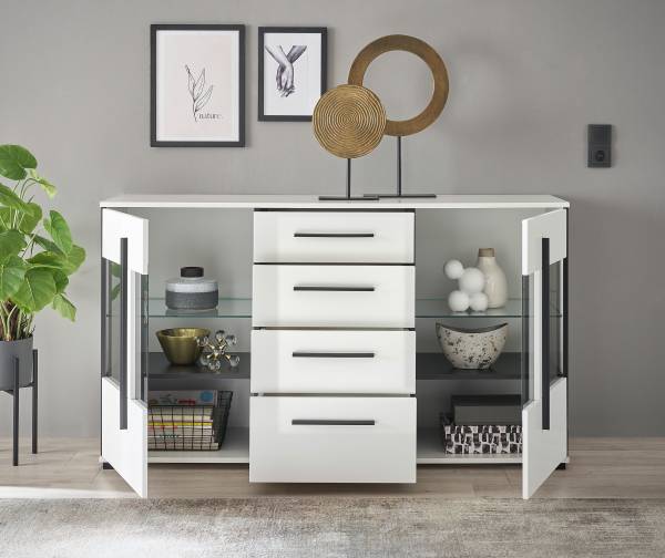 Sideboard Farson mit Glastür Hochglanz Weiß - Breite: 150 cm