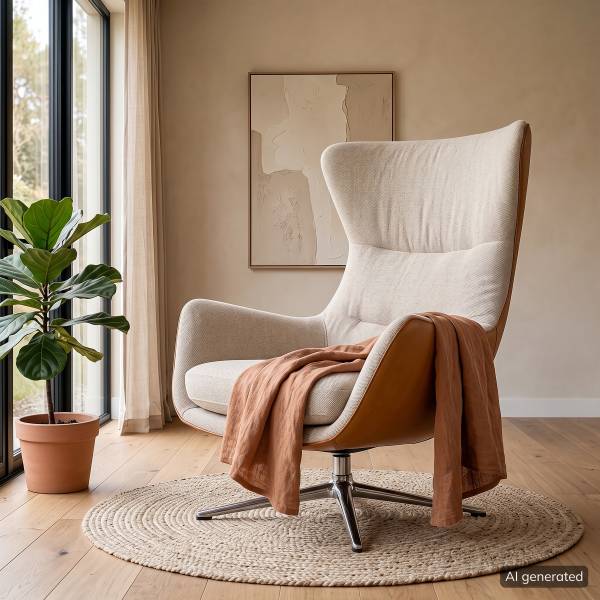 Sessel HEPBURN mit Kreuzfuß Webstoff Saia / Echtleder Neka: Beige / Cognac - Chrom glänzend