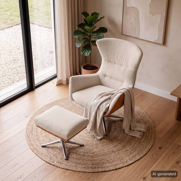 Sessel HEPBURN mit Kreuzfuß Webstoff Saia / Echtleder Neka: Beige / Cognac - Chrom glänzend
