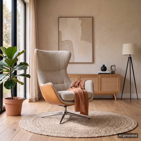 Sessel HEPBURN mit Kreuzfuß Webstoff Saia / Echtleder Neka: Beige / Cognac - Chrom glänzend