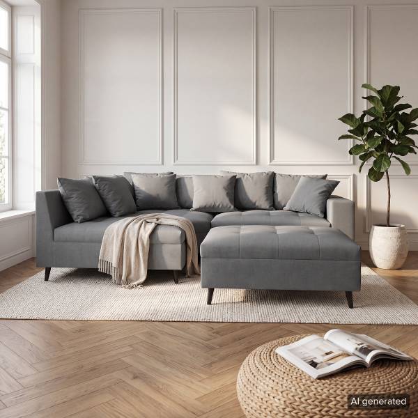 Ecksofa PRUNO mit Hocker Microfaser Faria: Dunkelgrau - Ottomane davorstehend links