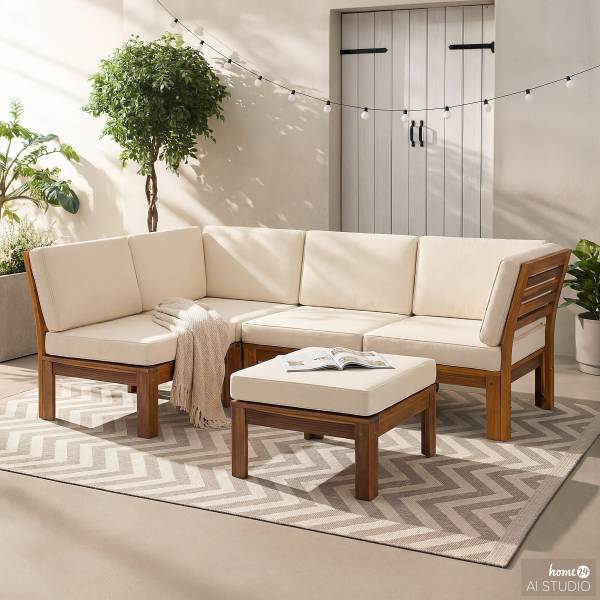 Loungegroep LEXI 5-delig geweven stof/massief acaciahout - wolwit/bruin - wolwit