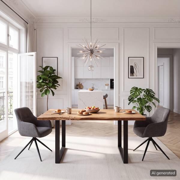 Massiver Baumkanten-Esstisch KAPRA Akazie Braun - 220 x 100 cm - Schwarz - U-Form - Tischplattenstärke: 5 cm