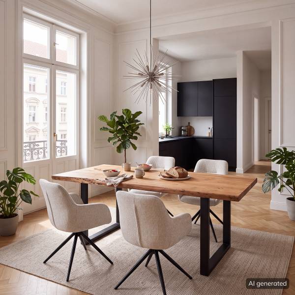 Massiver Baumkanten-Esstisch KAPRA Akazie Braun - 220 x 100 cm - Schwarz - U-Form - Tischplattenstärke: 5 cm