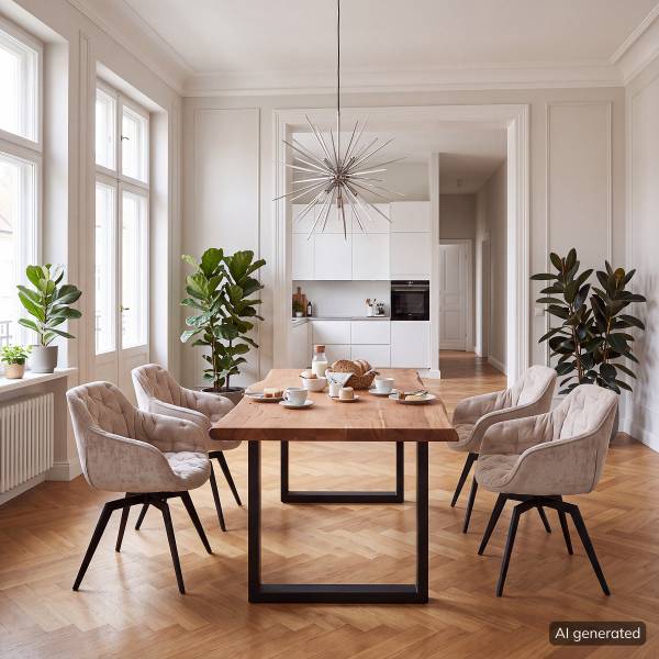 Massiver Baumkanten-Esstisch KAPRA Akazie Braun - 220 x 100 cm - Schwarz - U-Form - Tischplattenstärke: 5 cm