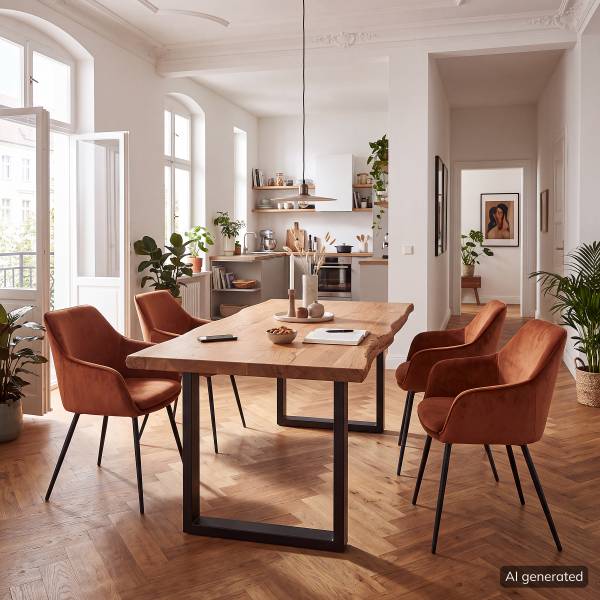 Massiver Baumkanten-Esstisch KAPRA Akazie Braun - 220 x 100 cm - Schwarz - U-Form - Tischplattenstärke: 5 cm