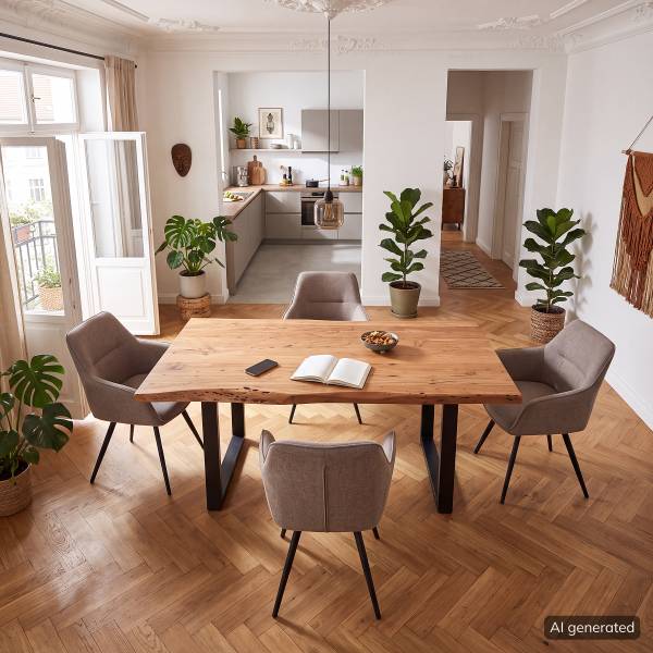Massiver Baumkanten-Esstisch KAPRA Akazie Braun - 220 x 100 cm - Schwarz - U-Form - Tischplattenstärke: 5 cm