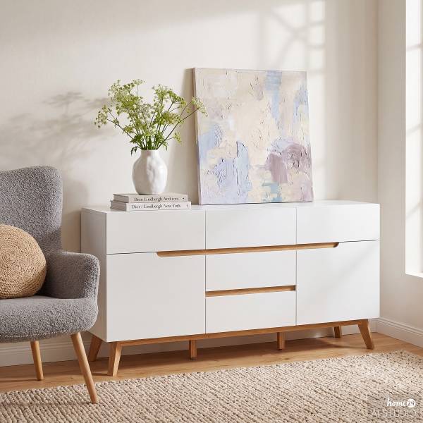 Sideboard Tenabo II Eiche teilmassiv - Weiß / Eiche