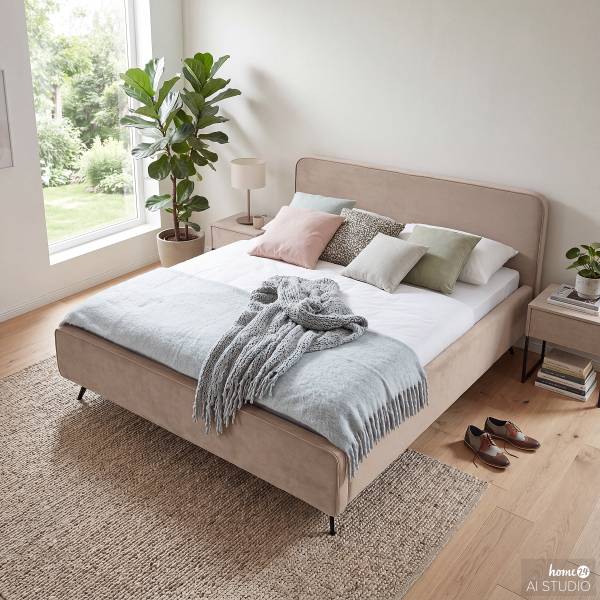 Polsterbett KARELIA Samt Ravi: Beige - 180 x 200cm - Mit Lattenrost