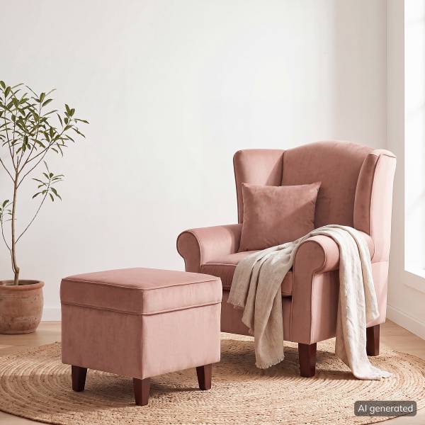 Fauteuil COLMAR Velours Vaia: Rose - Avec repose-pieds